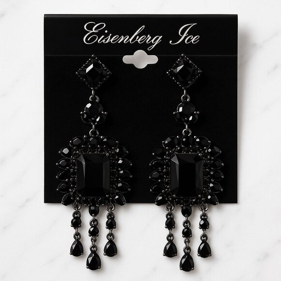 Vintage Eisenberg Ice Black Rhinestone Chandelier Earrings Statement Jewelry - Picture 2 of 3